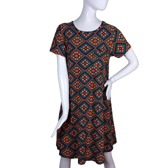 LulaRoe Carly Dress Size XS Green and Orange High Low Short Sleeve Stretchy - Picture 1 of 7